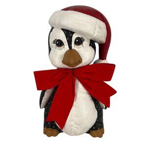 Kimple Vintage Ceramic Penguin Santa Hat Red Bow Christmas Decoration 10"